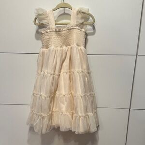 Cream Ruffled Tulle Girls Party Dress with Smocked Bodice